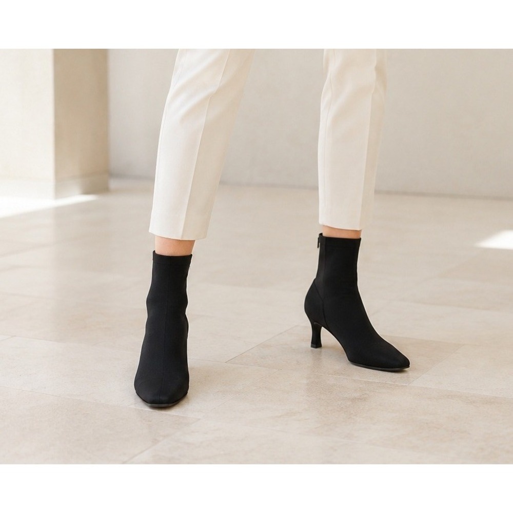 Y2K Nurture Panelli Black Suede Stretch Sock Ankle Boots Almond Toe 3" Heel